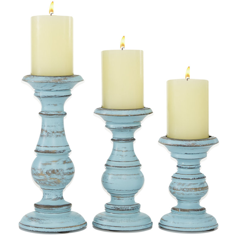 Ensemble de porte-bougies décoratifs de style pilier en bois de manguier tourné, Bleu clair
