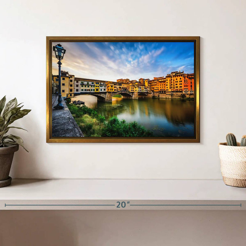 Ponte Vecchio, paysage fluvial, Cadre flottant doré, 13 po x 9 po