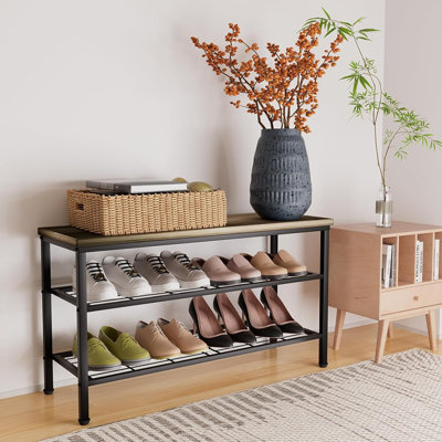 Range-chaussures en métal à 3 niveaux avec plateau en bois - Organisateur de chaussures durable et peu encombrant, étagère à chaussures industrielle
