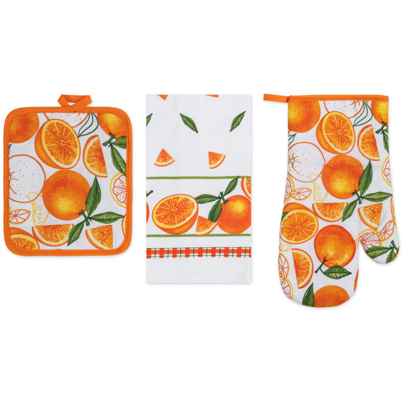 PREMIUS 3 Piece Printed Kitchen Linen Set, Orange, 1 Cotton Towel, 1 Pot Holder, 1 Oven Mitt