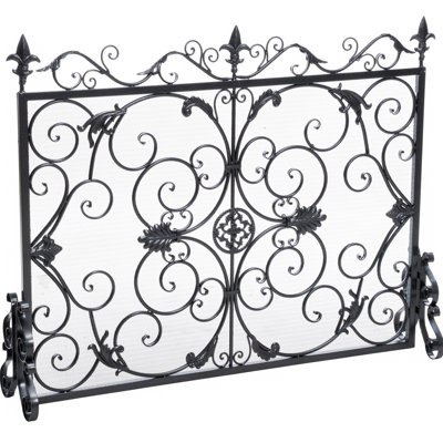 Barrière de foyer noire en fer avec ornement complexe, 45,8 po Profondeur x 9,63 po, largeur 35,16 po, protège la cloison forgée, 45,8 po, 9,63 po et 35,16 po, sépare l'espace avec style