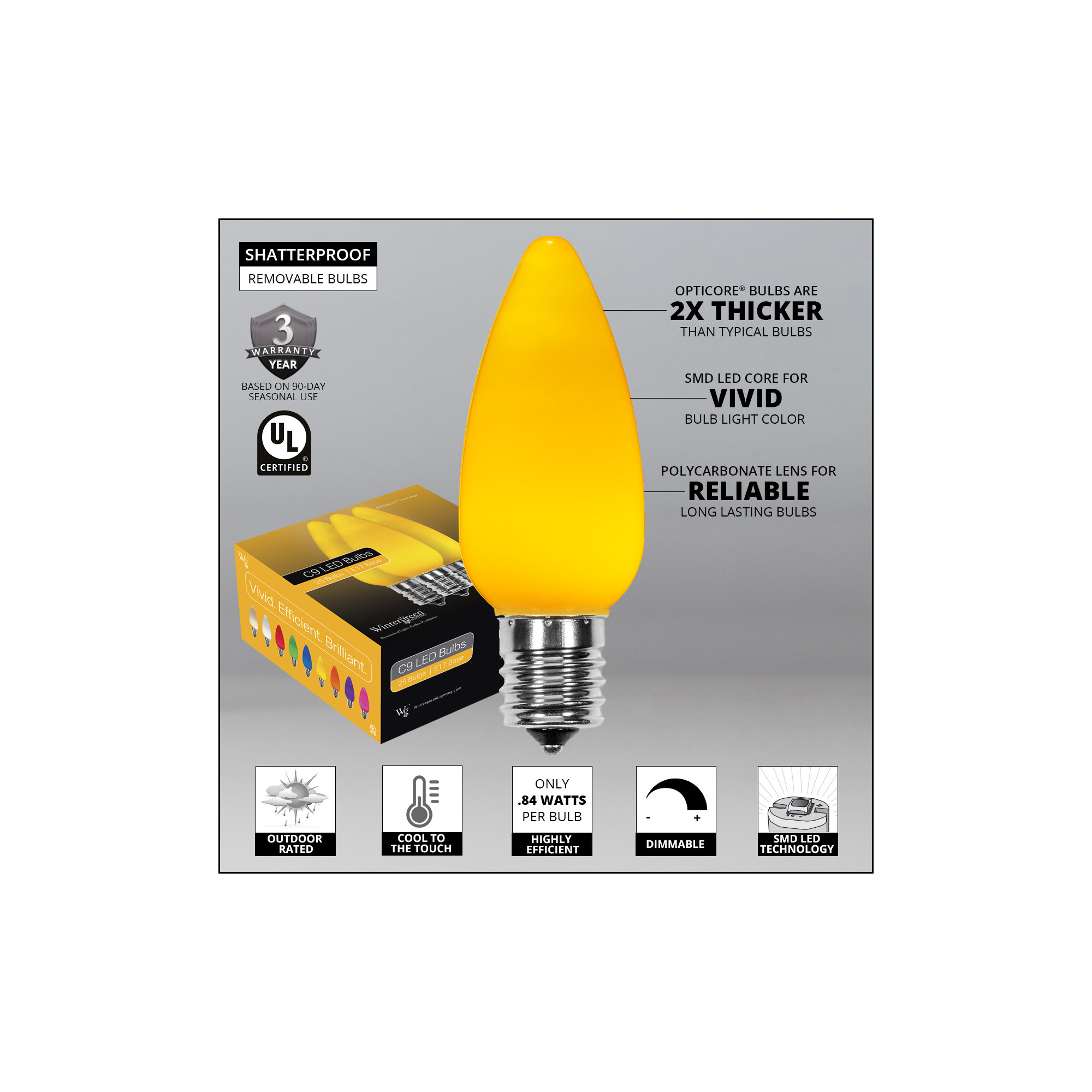 Shatterproof Smooth C9 OptiCore LED Christmas String Lights, 25, Gold