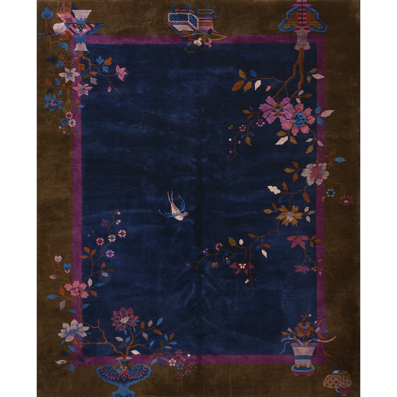 Hand Knotted Pile Antique Blue 1920s Wool Rectangle Rug