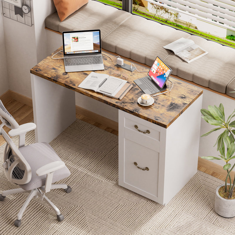 Bureau d'ordinateur avec rangement 47 po, grain de bois rustique blanc, bureau d'étude pour petit espace, bureau d'apprentissage avec tiroir et armoire fermée