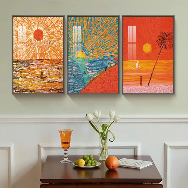 «Shining Sun and Sunset Above the Sea», ensemble de 3 reproductions de cadres photo sur toile, L 37 po x H 17 po, Noir