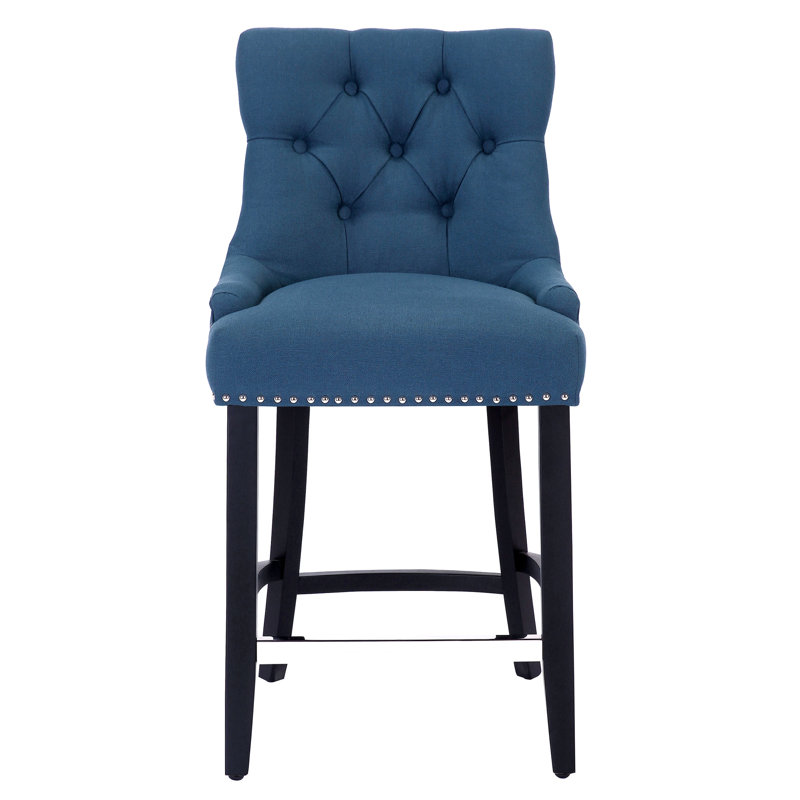 Linen Fabric Tufted Upholstered Counter Stool, Counter Stool (24” Seat Height), Teal Linen/Black Frame