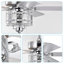 Ventilateur de plafond 52 po 5 pales réversibles en cristal classique pour salon, salle à manger, chambre à coucher, salle familiale, chrome (chaîne à tirer à la main)