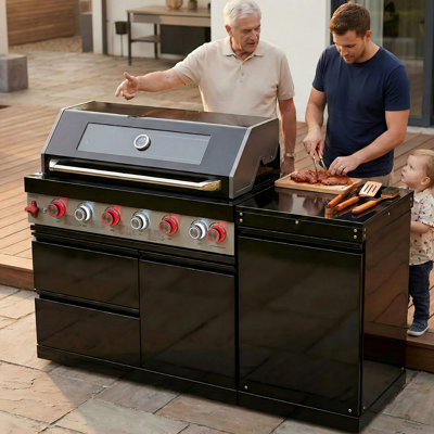 Cuisine extérieure barbecue à gaz 6 brûleurs 82 pouces en acier inoxydable 85000 avec comptoirs en granit, évier, roulettes pivotantes, deux lampes halogènes et thermomètre à double affichage.