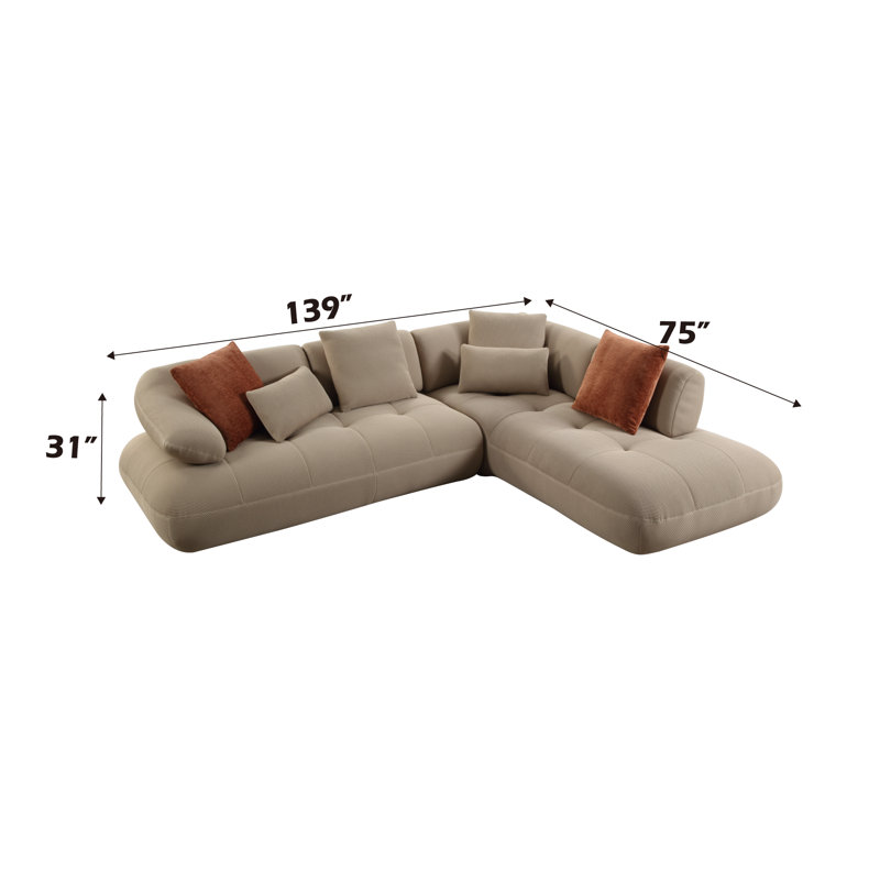 Beige Tufted Fabric Two Piece Sectional Sofa with 6 Pillows