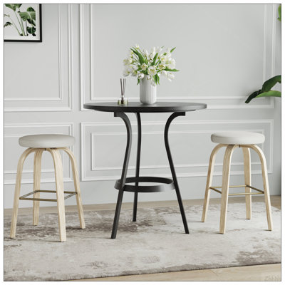 AILUNWALL Swivel Bar Stools Set of 2, Bar Height Backless 30″ Bar Stool, Fabric Upholstered Seat, Sturdy Wood Legs and Metal Footrest, Mid-Century Modern Island Stool for Home Bars, Restaurants, Beige