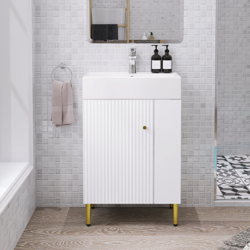 Petit meuble-lavabo de 21,6 pouces avec rangement à droite, lavabo en céramique, Blanc