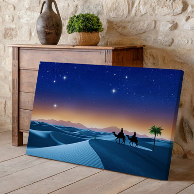 Toile, "Un paysage serein du désert sous un ciel étoilé", art mural, deux silhouettes découpées sur des chameaux