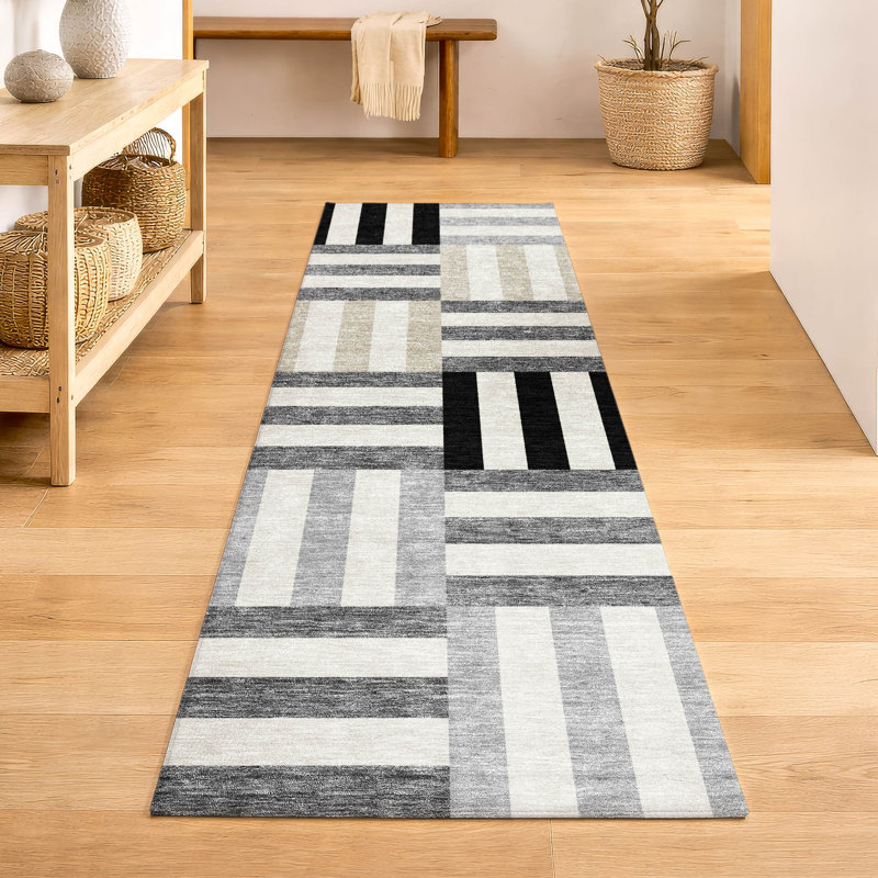 Premium Machine Washable Mayfield AMF2332 Geometric Rug, 2'3" x 7'6" Runner, Black