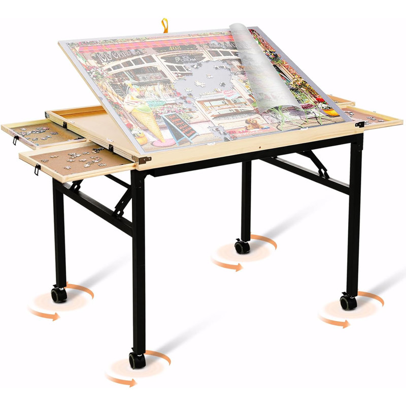 Jigsaw Puzzle Table with Drawers and Metal Legs