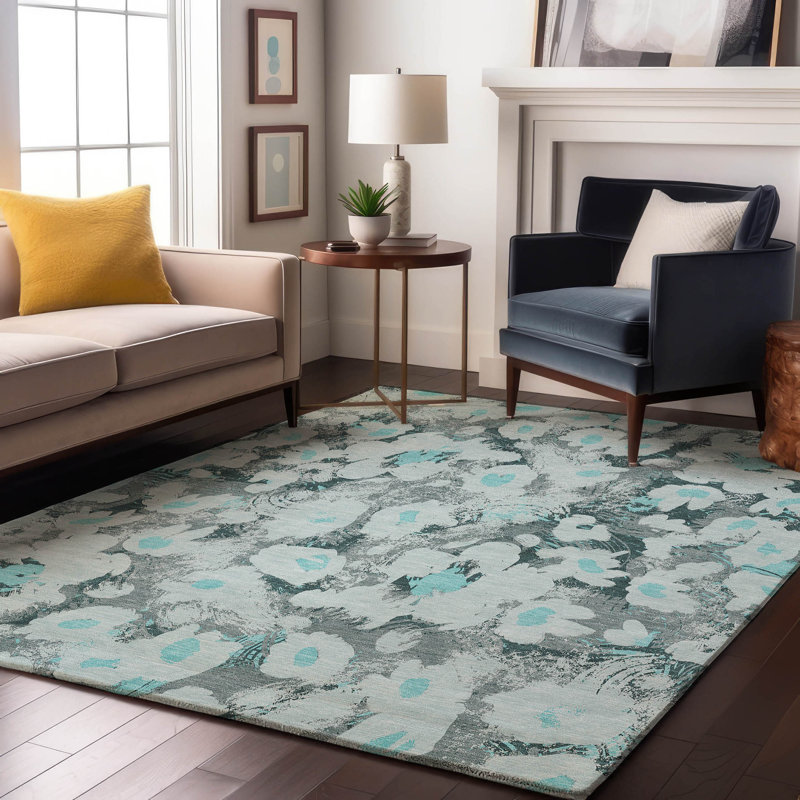 Teal Floral Synthetic 9' x 12' Washable Rectangular Rug