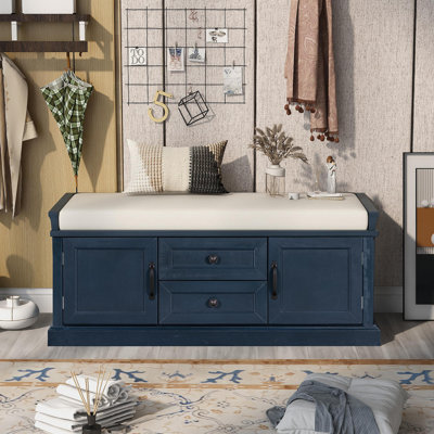 Banc de rangement avec 2 tiroirs et 2 armoires, banc à chaussures avec coussin amovible pour le salon, vestibule