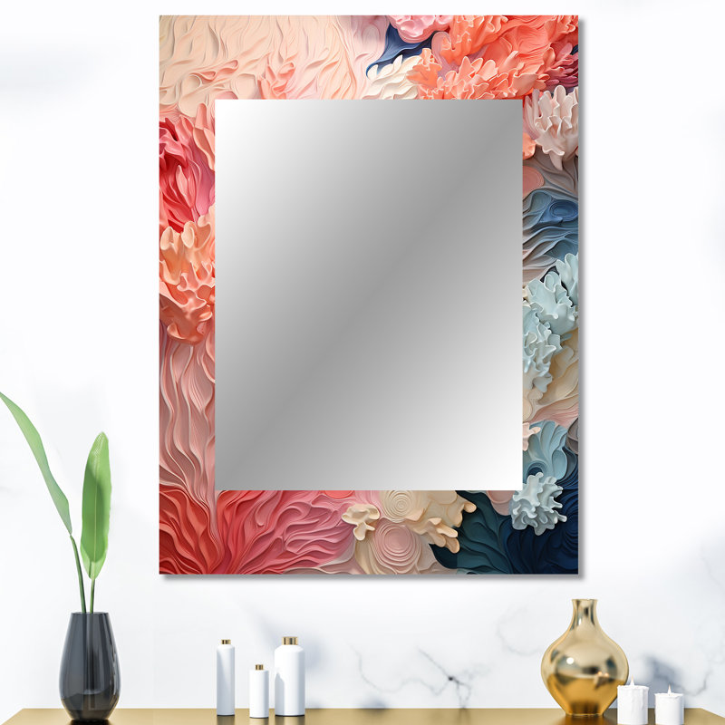 Collage corail rose et blanc - grand miroir corail, décoration murale miroir rose unique, impression d'art en métal