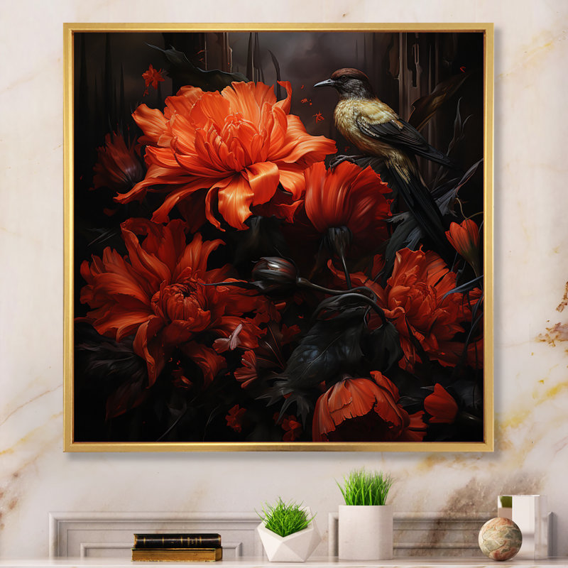 Bluejaybirds modernes sur fleur sur toile, Cadre flottant doré, H 36 po x l 36 po x P 1,5 po
