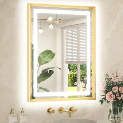 24 X 36 Bathroom LED Mirror Brushed Gold Metal Frame Frontlit & Backlit Anti-Fog Stepless Dimmable 3 Colors White/Warm/Natural Mirror With Lights Wall-Mounted