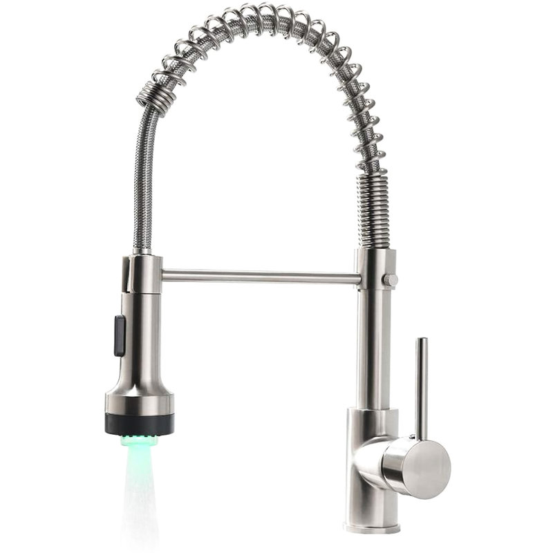 Robinet d'évier de cuisine avec douchette rétractable, nickel brossé, poignée simple, robinets rotatifs pour éviers de salle de bain à DEL, levier à poignée, finition nickel, bec arqué haut