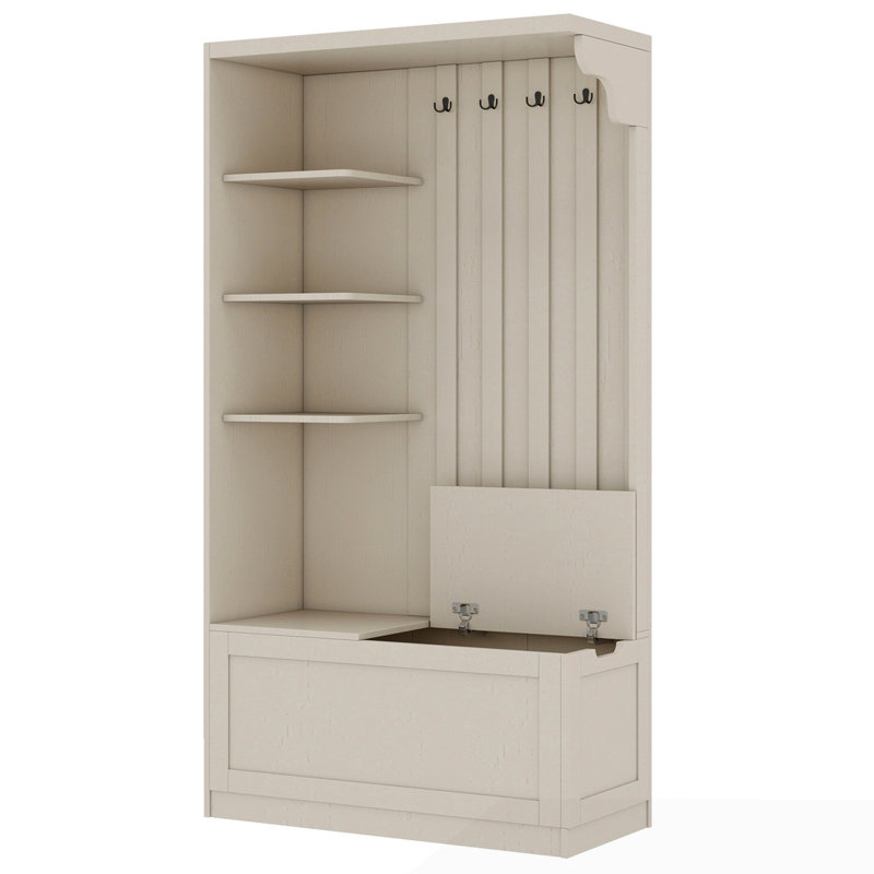 Armoire de vestibule multifonctionnelle gauche-droite avec rangement et 4 crochets, Beige