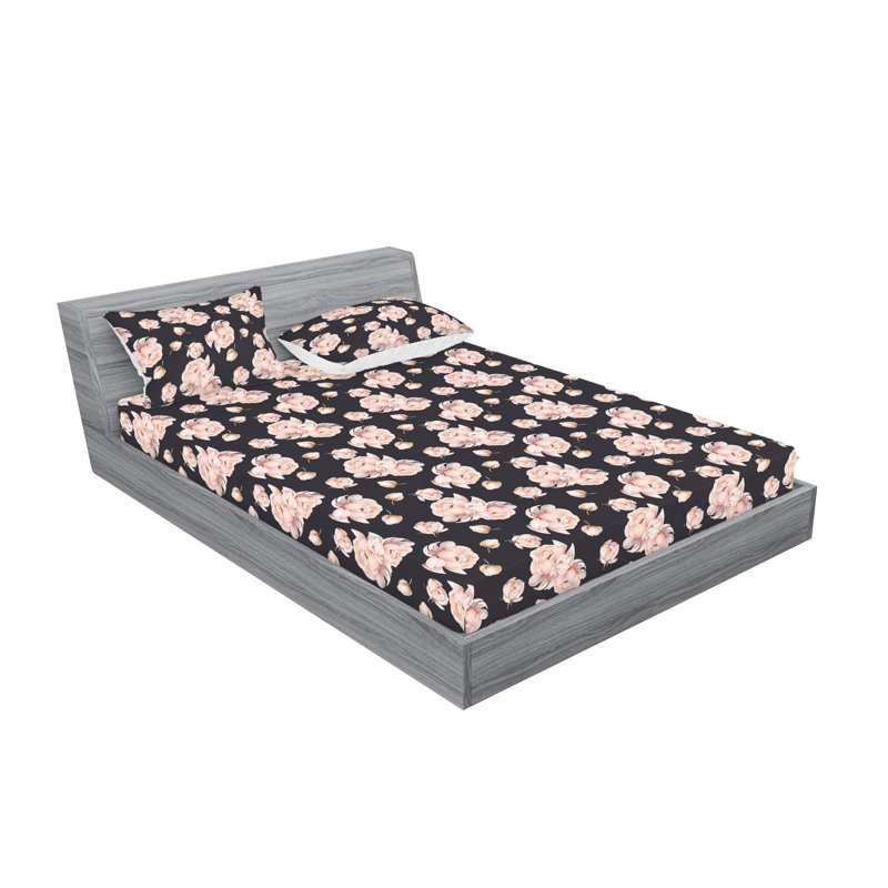 Ambesonne Fitted Sheet & Shams, King Sheet Set with 2 Pillowcases, Dark Purple/Mauve/Blush Flower