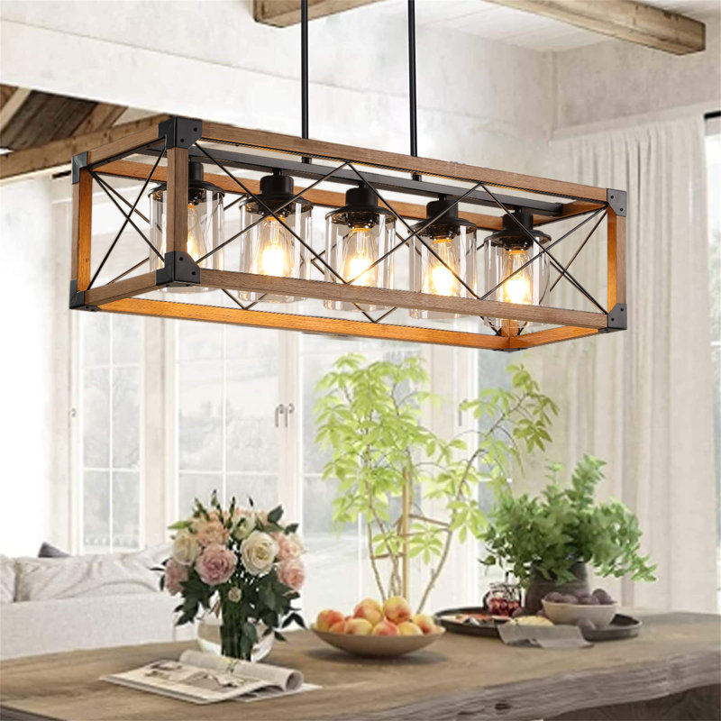 Luminaire suspendu pour îlot de cuisine 5 lumières Radwa, Noyer