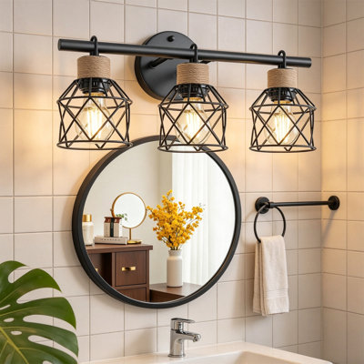 3-Light Black Farmhouse Bathroom Vanity Light, Industrial Cage Wall Sconce with Hemp Rope, E26 Base for Bathroom Kitchen Hallway