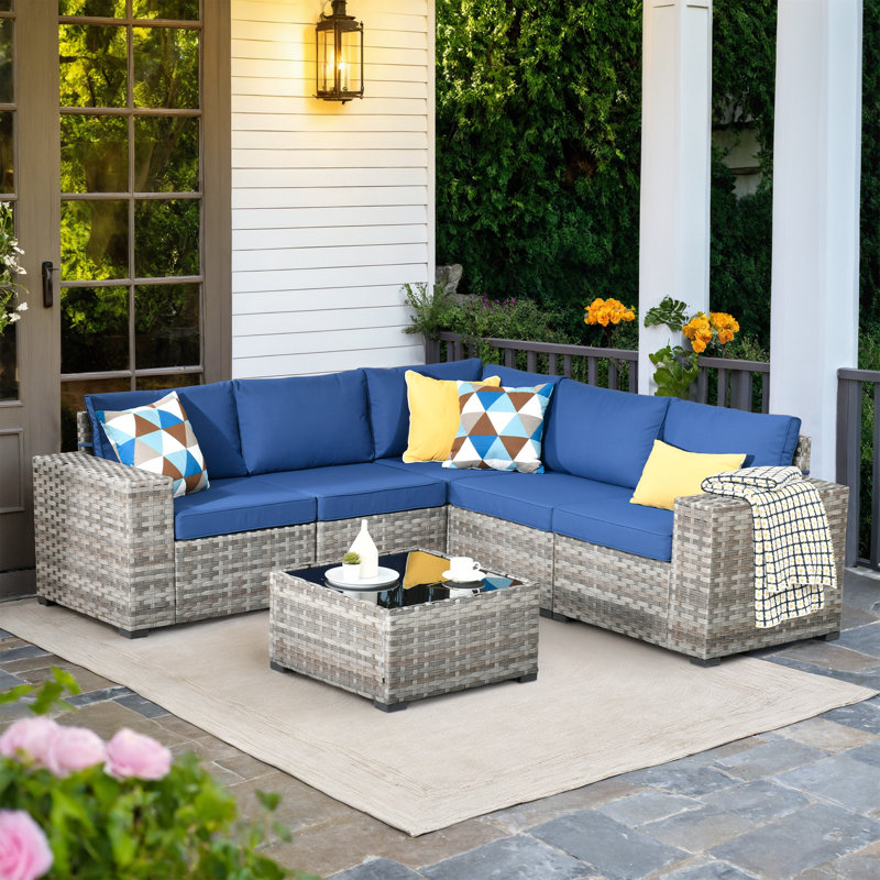 Baili 5 - Person Outdoor Wicker Sectional Seating Group with Cushions, Modern Modular Rattan Conversation Set, Patio Furniture Set with Wide Armrest