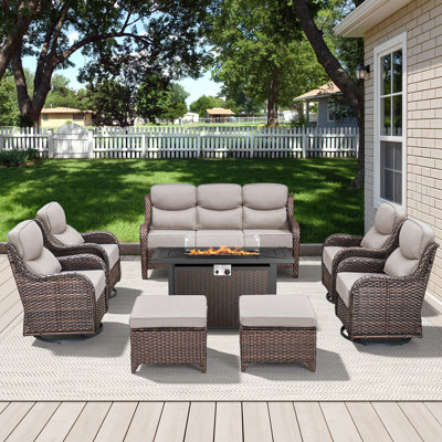 7-9 Person Outdoor Wicker Family Party Conversation Set With Swivel Rockers And Fire Pit