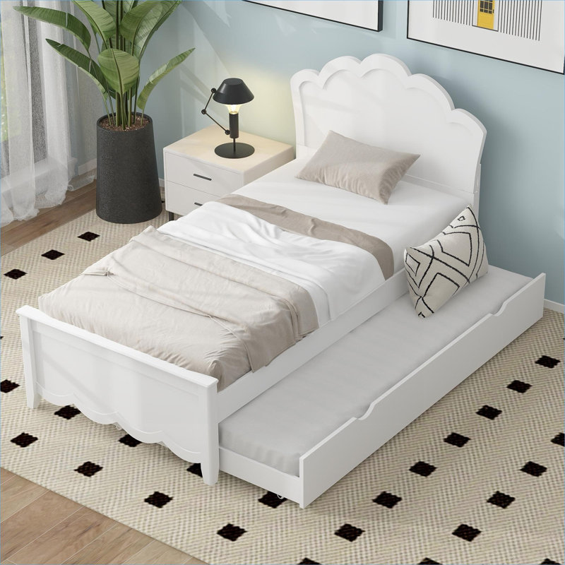 Bedroom and Guest Room Use Twin Size Platform Bed With Pull-Out Trundle, Solid Wood Construction, White Finish