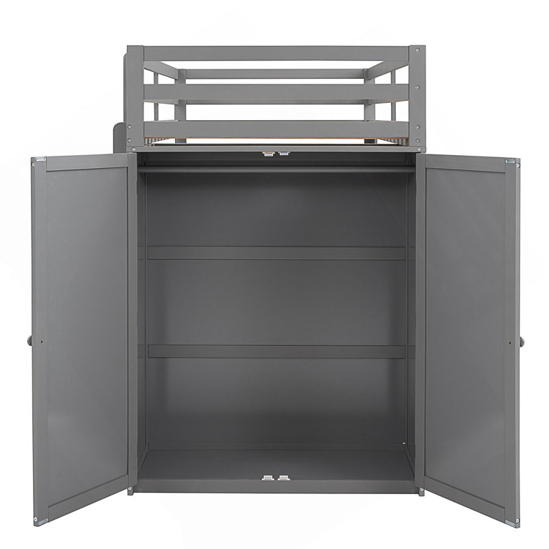 Lit mezzanine avec tiroirs, bureau et garde-robe, Gris, Lit simple
