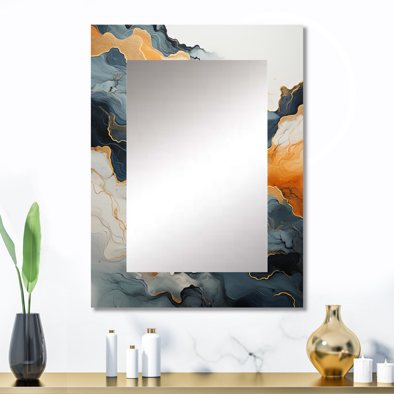 Abstrait orange et bleu rivière encre II - miroir mural en marbre, miroir décoratif bleu, impression d'art en métal