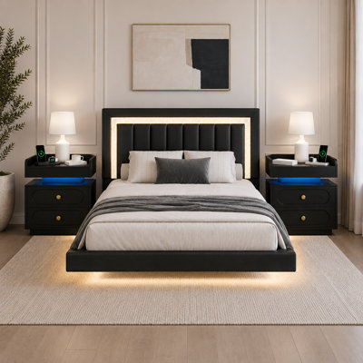 Smart LED Floating Platform Bed with 2-Piece Modern LED Nightstand Set – 3-Piece Illuminated Bedroom Suite