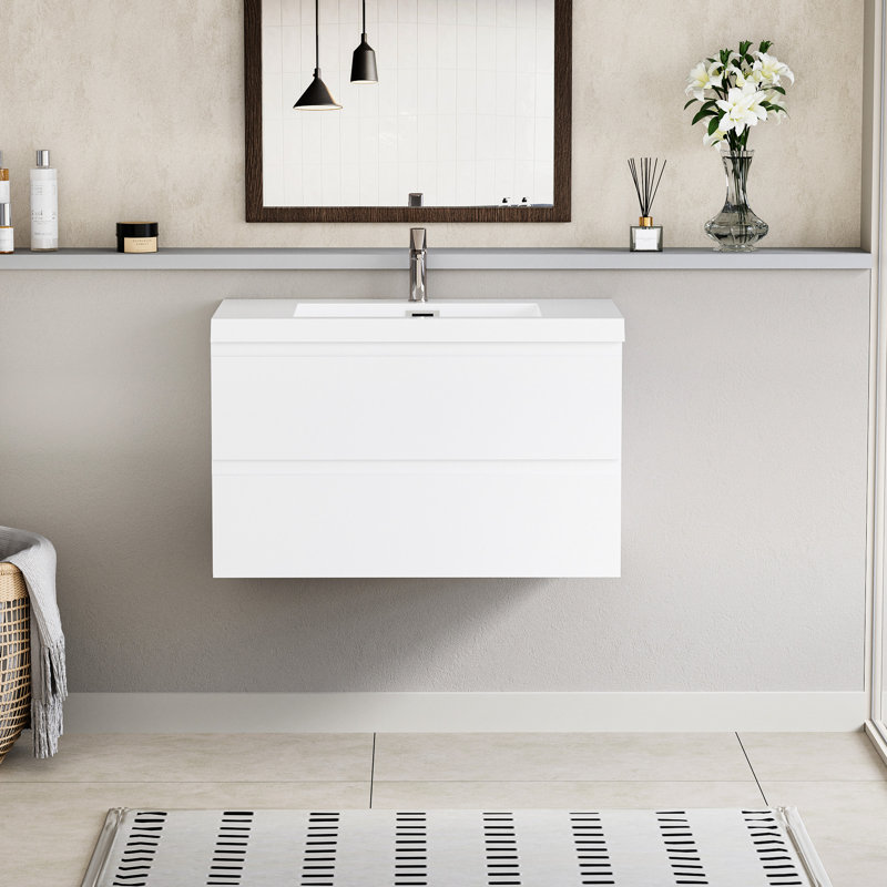 Meuble-lavabo flottant de 36 po avec lavabo, plateau en résine blanc brillant moderne et tiroirs à fermeture en douceur éblouissante, lavabo Dazzle