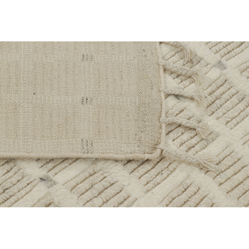 Hand Knotted Wool Geometric Area Rug in White, Rectangle 10' x 14'