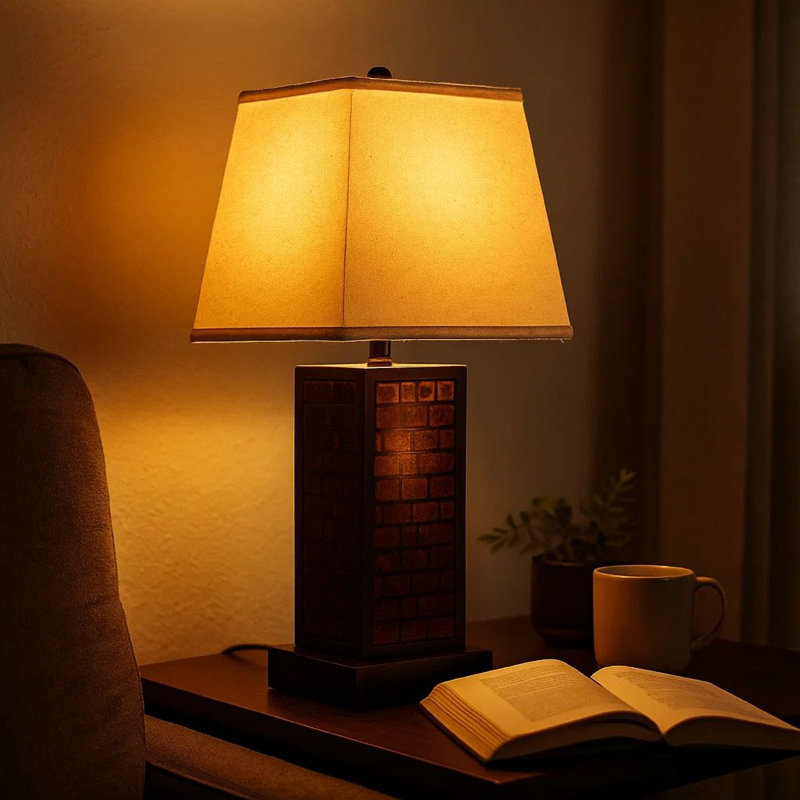 Lampe de table rectangulaire en métal avec motif de brique, beige et brun, Brun