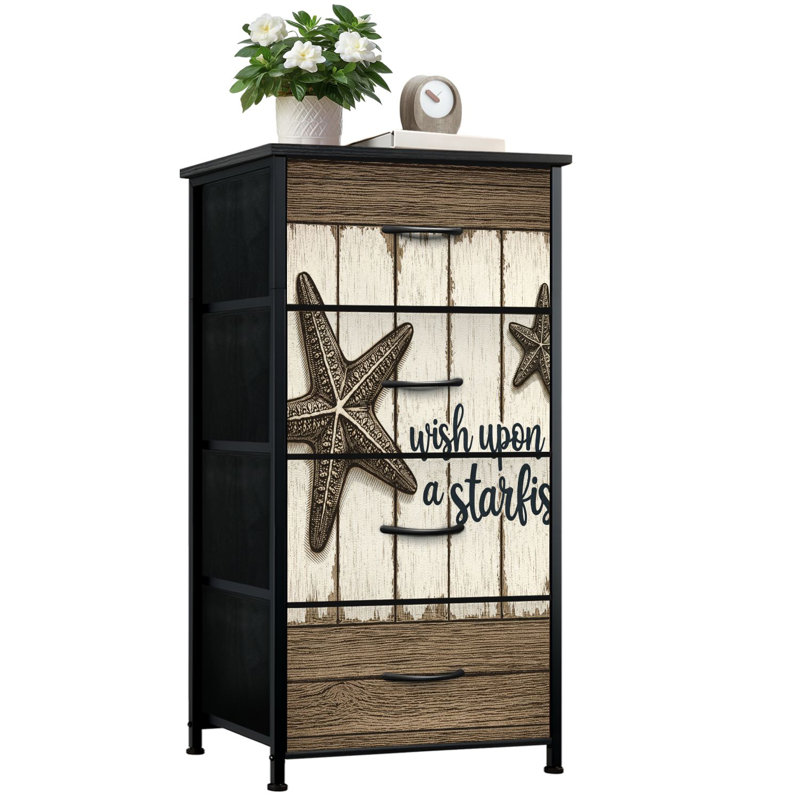 Commode rustique pour chambre à coucher avec 4 tiroirs de rangement Hippocampes rétro Coquillages en bois Océan Commode en bois