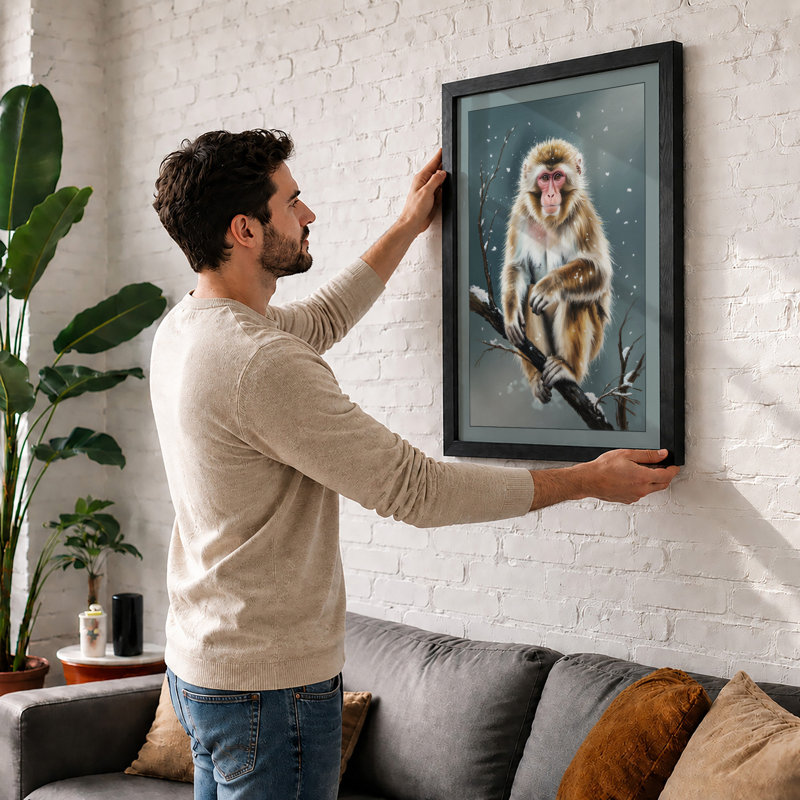 Macaque in Winter Japandi 1 Piece Single Picture Frame Wall Art, A1 - 84.1 x 59.4 cm, Black