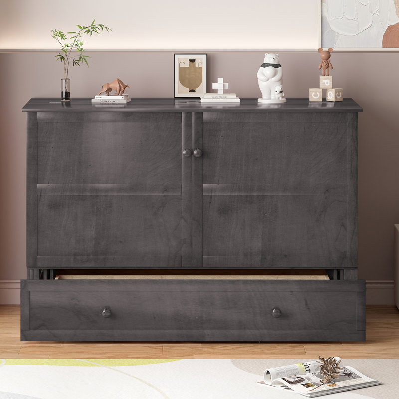 Queen Murphy Bed Cabinet with Storage Drawer,Space-Saving Wall Beds for Home, Office, Guest Room, Gray