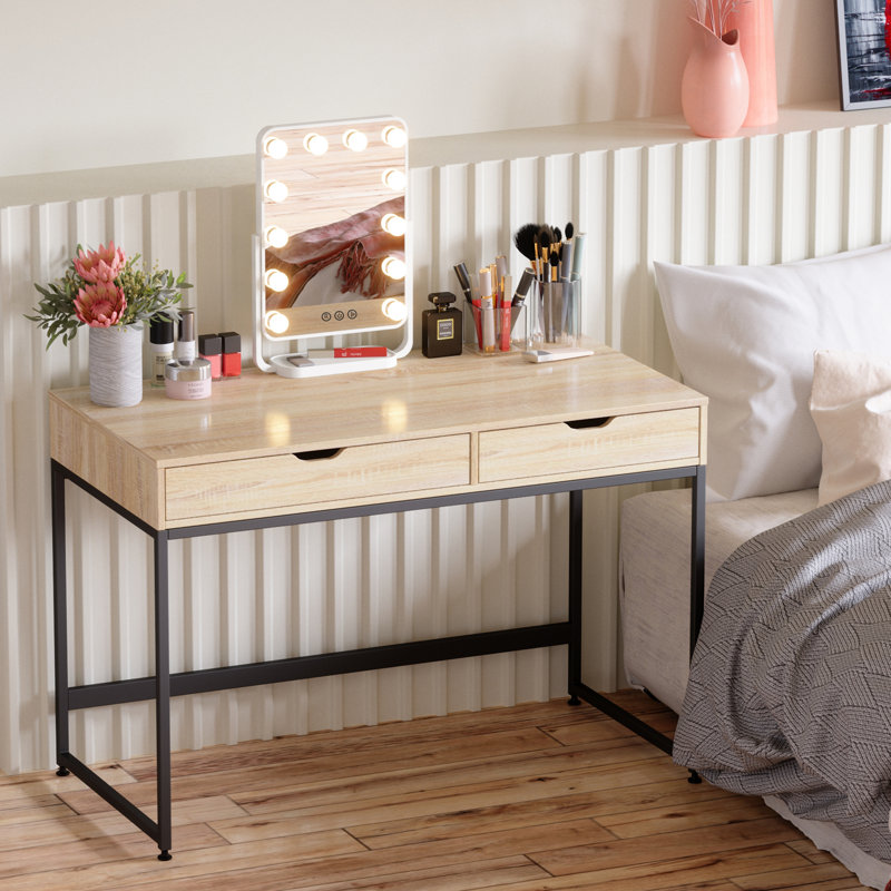 Alaina 43.31" W 2-Drawer Writing Desk with Stainless Steel Frame, Oak/Black