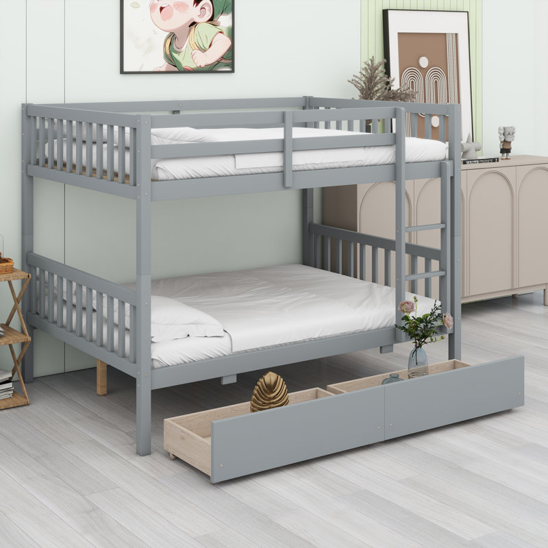 Lit superposé convertible avec tiroirs intégrés, échelle et garde-corps de sécurité, Gris