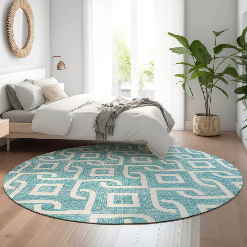 Premium Machine Washable Cerrito Teal Rug, Round 8'
