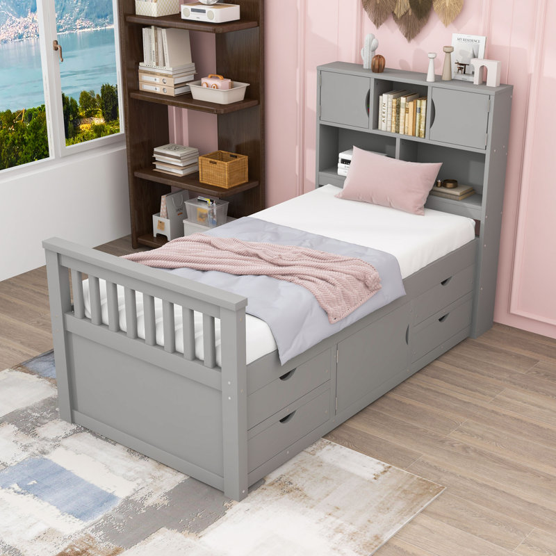 Base de lit plateforme simple avec tiroirs de rangement et tête de lit bibliothèque, Gris