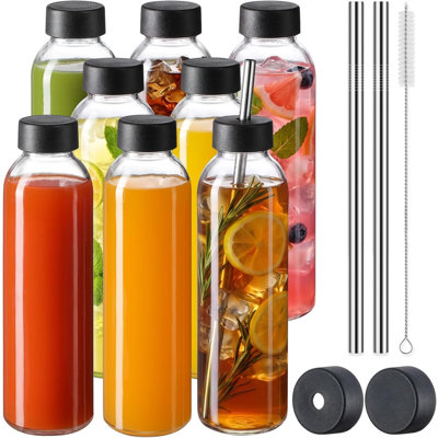 8 Pack 18 oz Glass Juice Bottles with 8 Airtight Lids &2 Straw Hole Lids &2 Straws