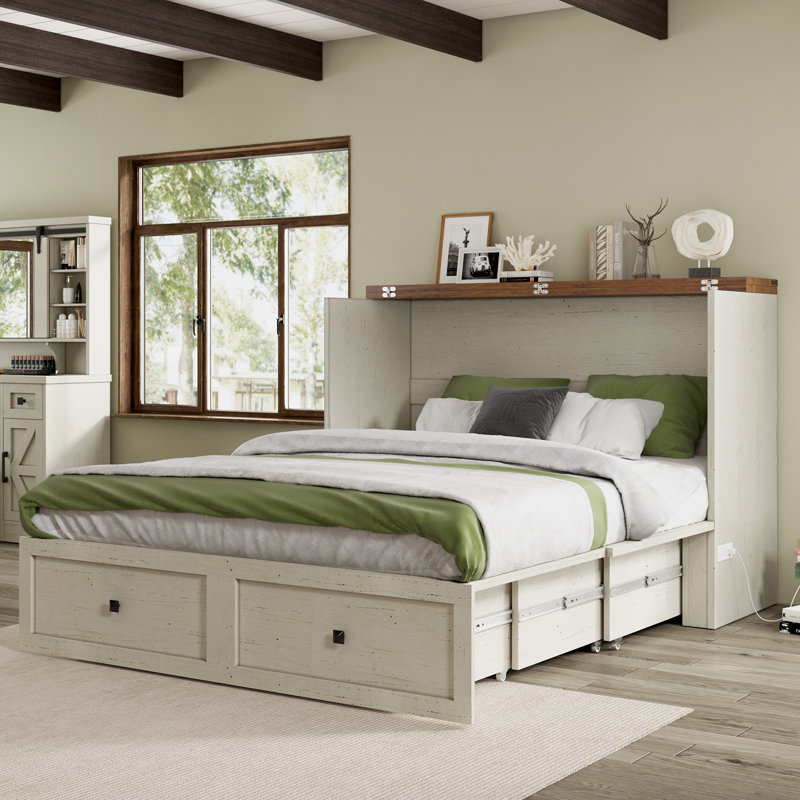 Wilkinson Farmhouse Queen Murphy Bed with Large Storage Drawer & Charging Station, White, Queen, White/Brown