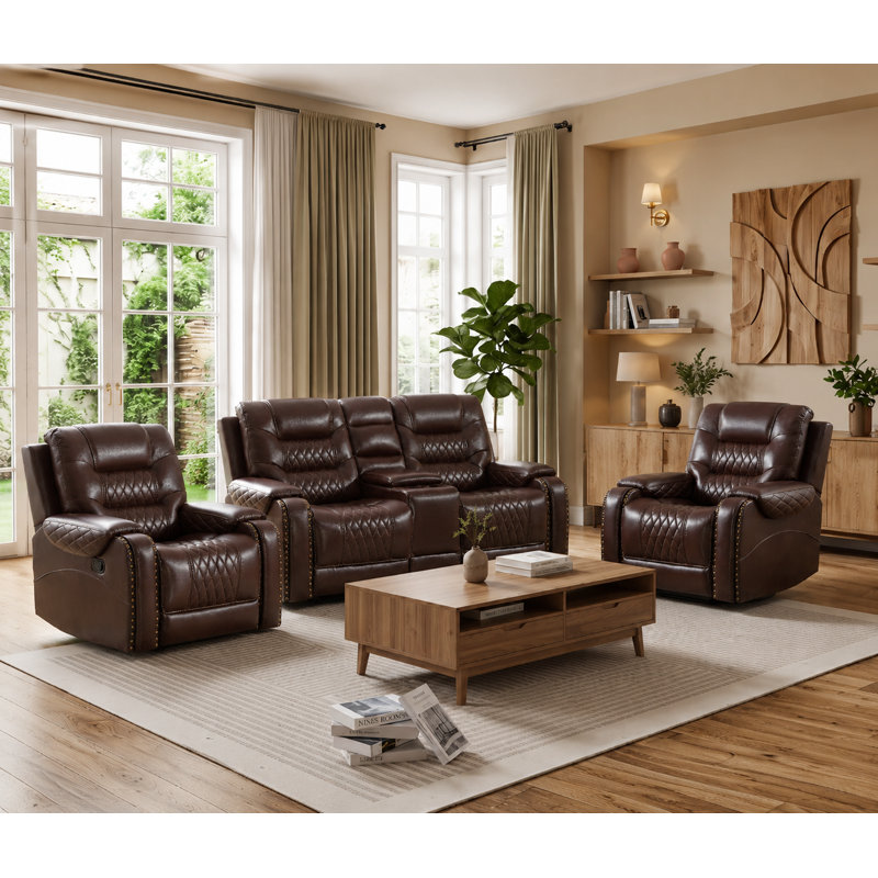Ensemble de salon inclinable manuel en similicuir 3 pièces avec console de rangement et porte-gobelets, Marron foncé