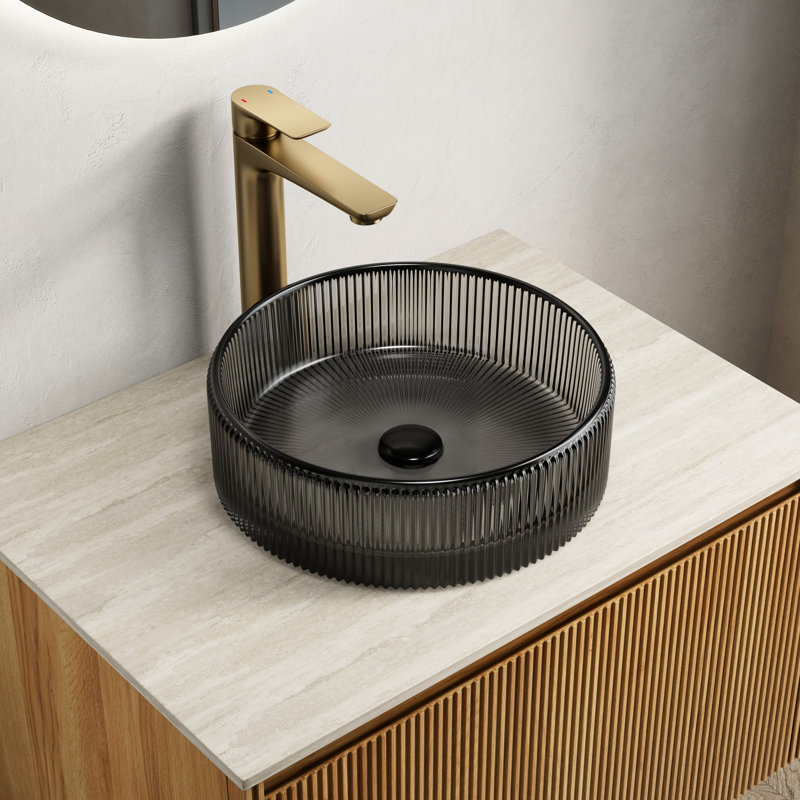 Transparent Black Round Crystal Glass 13.84*4.49Inch Bathroom Sink Without Faucet, Fresh Design For Bathroom, Daily Use, Fits Multiple Cabinet Patterns, Recommended Drainage Solution 14'' Sink,