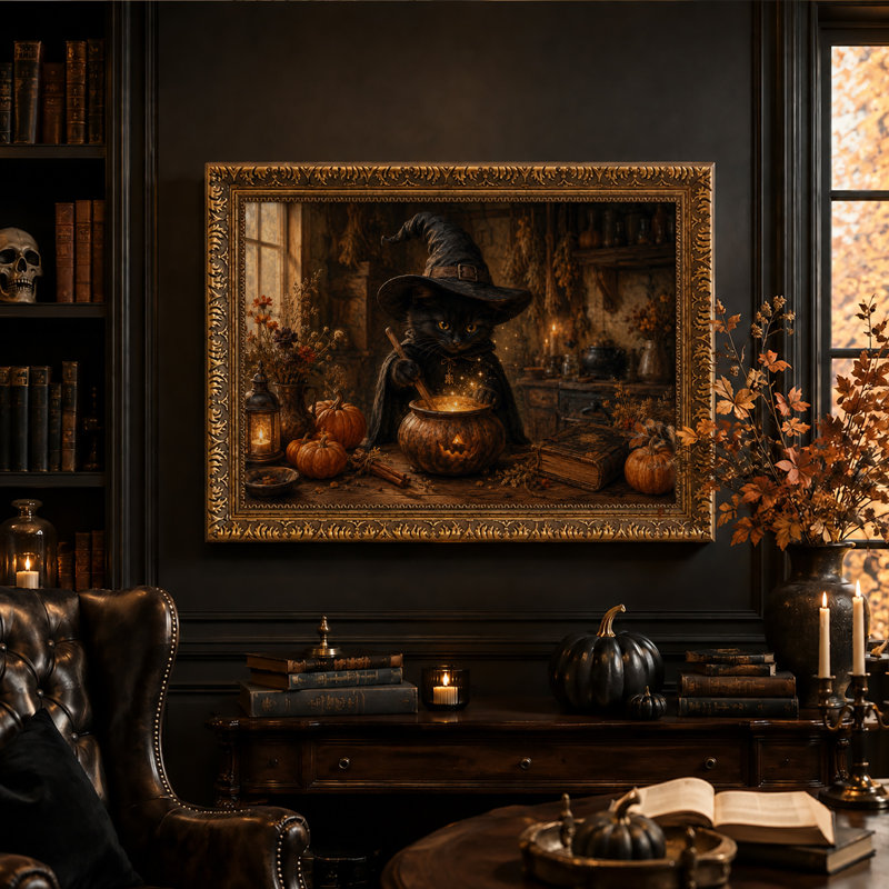 Toile murale d'Halloween représentant une sorcière chat noir remuant un chaudron incandescent, H 20 po x l 30 po