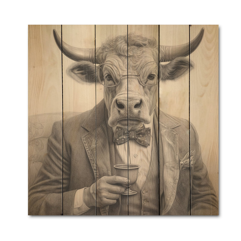 Vache ayant une boisson I - impression sans cadre sur bois, H 25 po x l 25 po x P 0,78 po